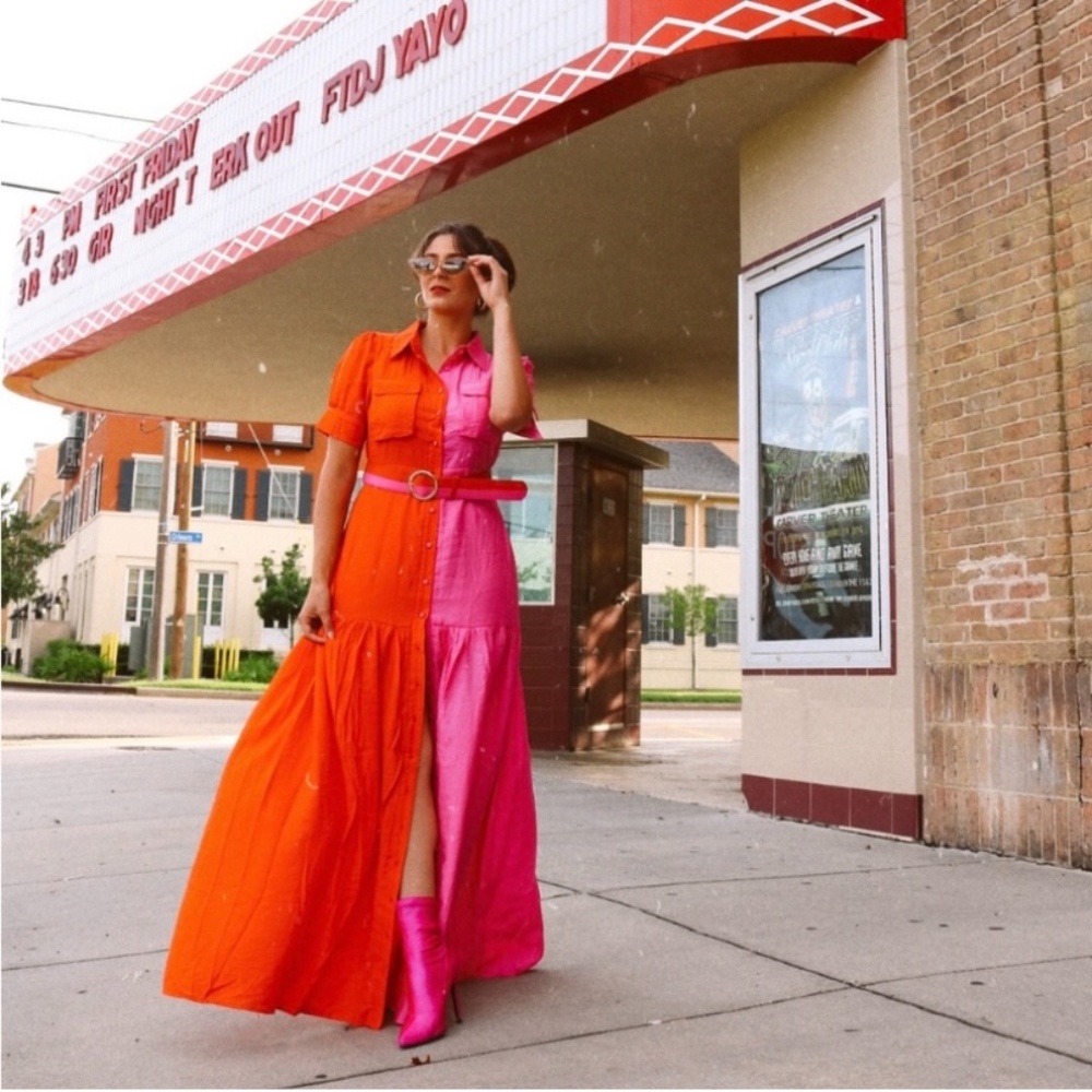 Beautiful Color Block L’ATISTE Button Down Belted Duster Maxi Dress Size M